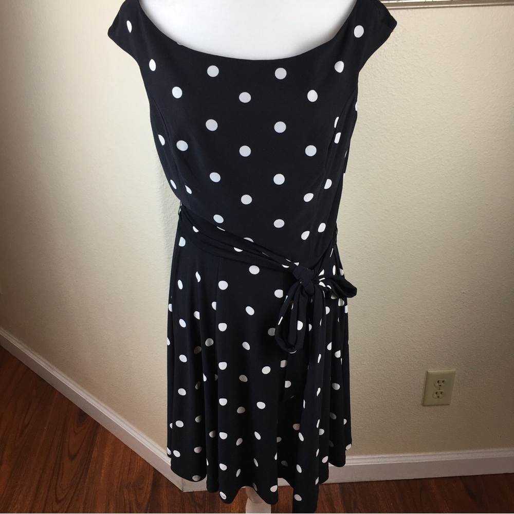 LAUREN Ralph Lauren Classic Dress Black White Polka Dot Wrap Bodice Size12